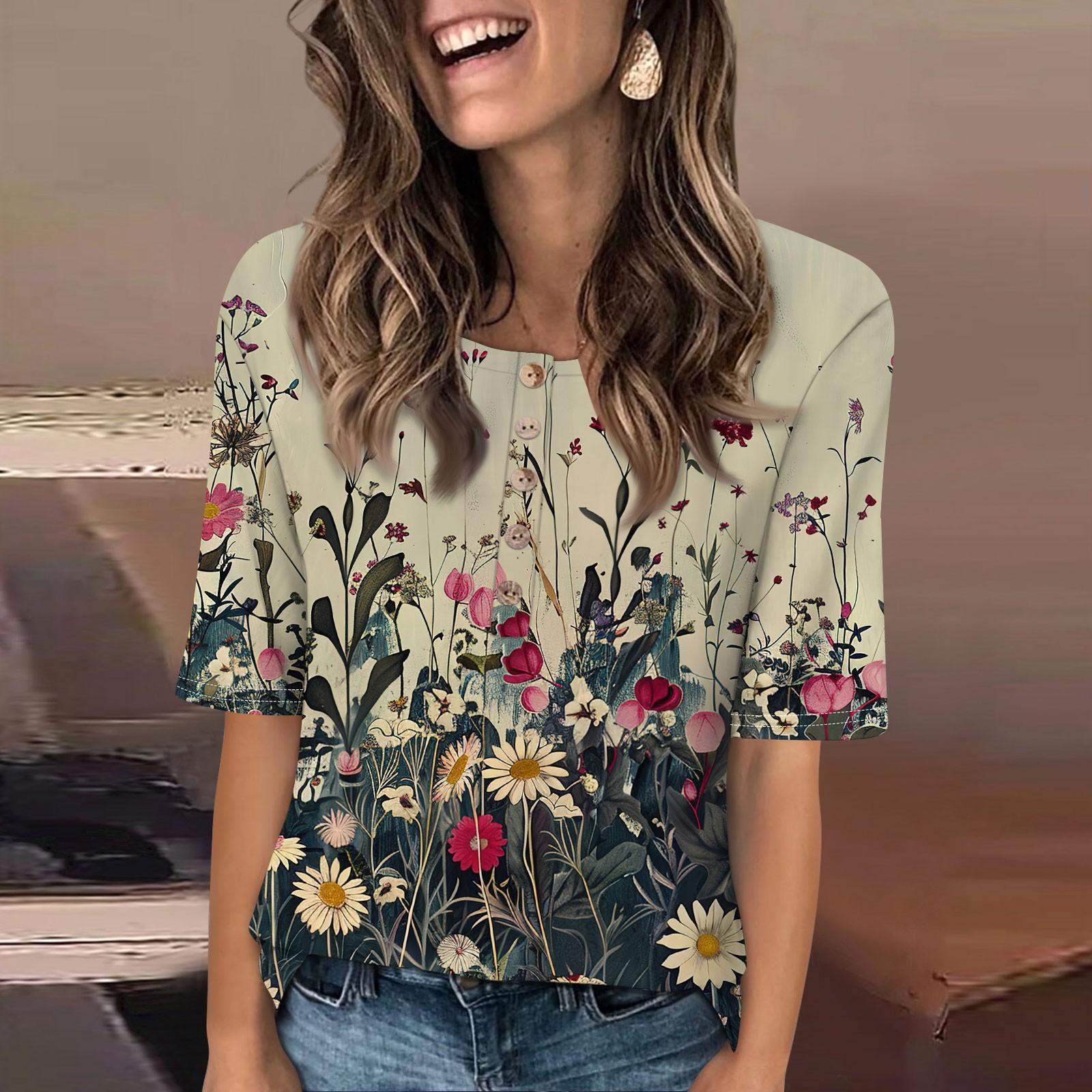 Женский свободный повседневный топ с круглым вырезом и пуговицами с коротким рукавом — фото 8