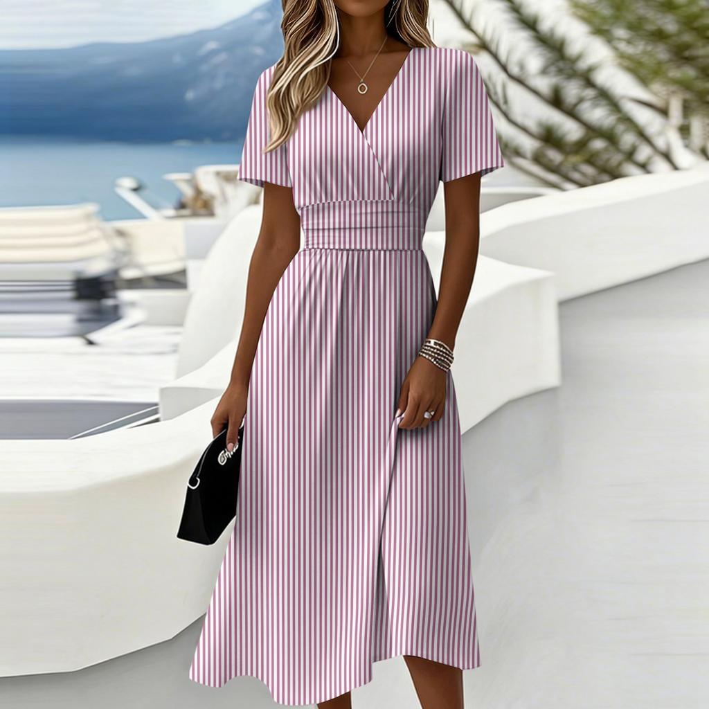 Damen-Gestreiftes Print-Kleid mit V-Ausschnitt und kurzen Ärmeln - Lässige Sommer-Modekleider für Damen