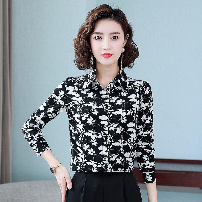 Camisa de Chifón Floral de Otoño para Mujer de Corte Slim Retro de Manga Larga