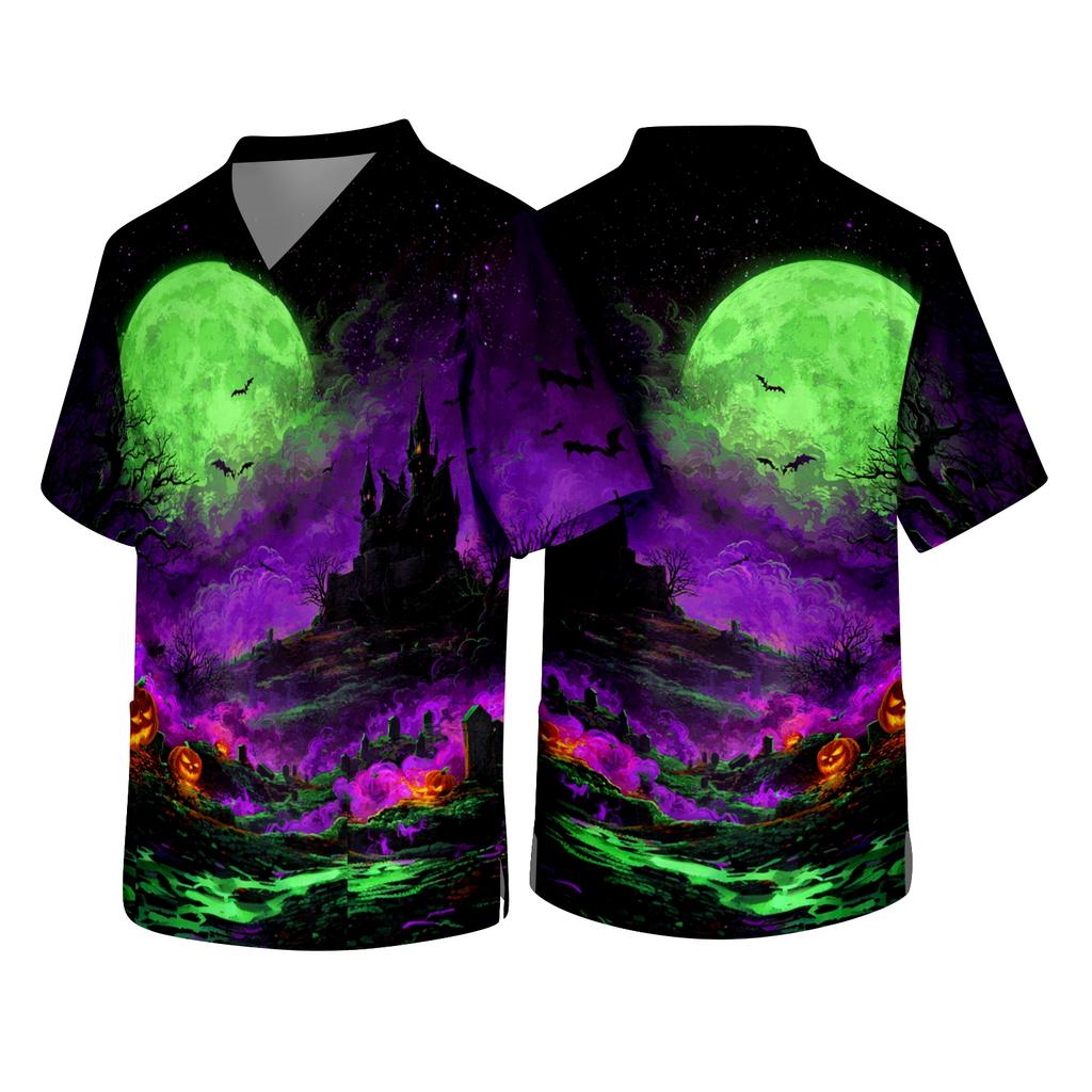 Men's V Neck Short Sleeve Halloween Print Medical Scrub Top with Chest Pocket and Two Lower Pockets Suitable for Healthcare Professionals