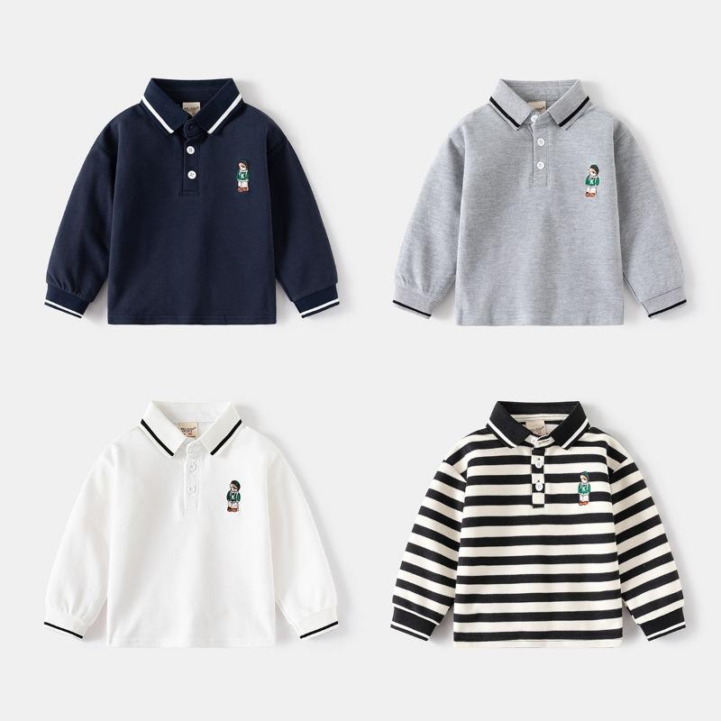 Kids Boys Long Sleeve Polo Shirt Turn Down Collar Casual Bottoming Tops