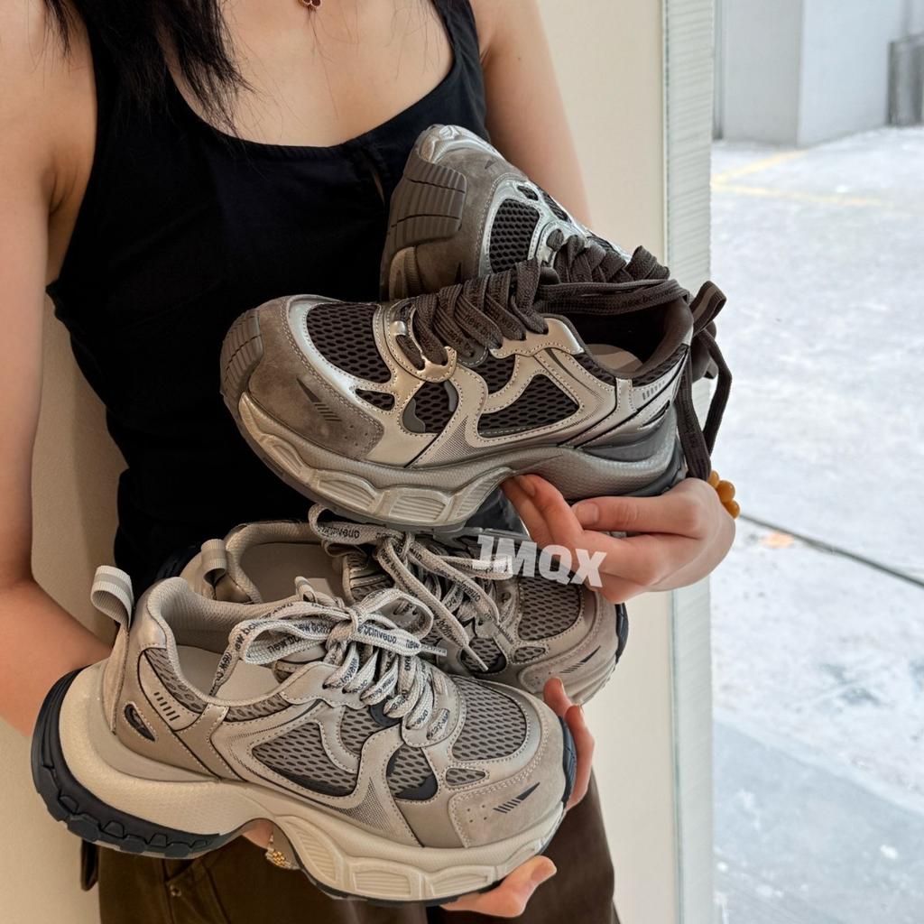 European leather dad shoes women's 2025 autumn and winter new breathable casual shoes versatile non-slip platform sports shoes tide