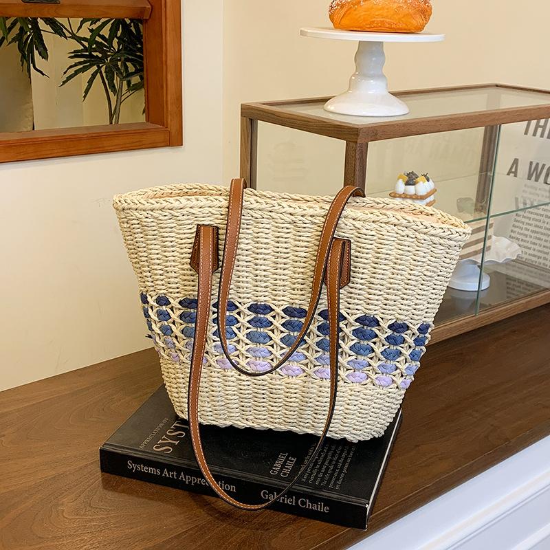 Large Capacity Vegetable Basket Bag Women's Summer New Woven Straw Bag Commuter Seaside Vacation Beach Bag