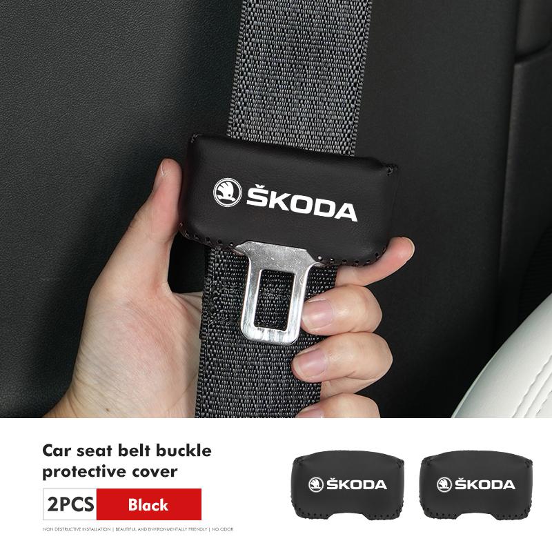 VIJT4 Car Seat Belt Buckle Cover Leather Protector Anti-collision Case For Skoda Kodiaq Octavia 2 3 Rapid Karoq Fabia Kamiq Superb