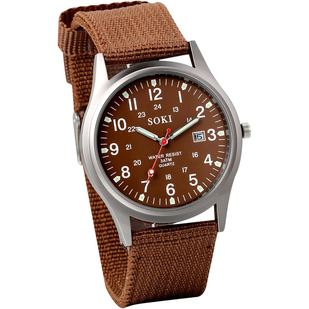 

Men s Military Style Watch Waterproof Arabic Numerals Luminous Quartz Large Dial Nylon Strap Brown