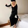 Women's Knitted Dress Elegant V Neck Thick  A-line Dress Brown Long Sleeve Vintage Midi Casual Dresses for Women
