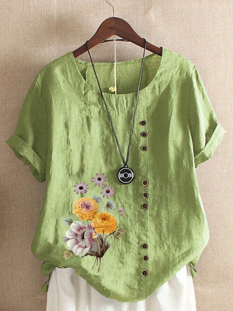 Europe and The United States Printing Cotton Linen Short-sleeved Ladies T-shirt