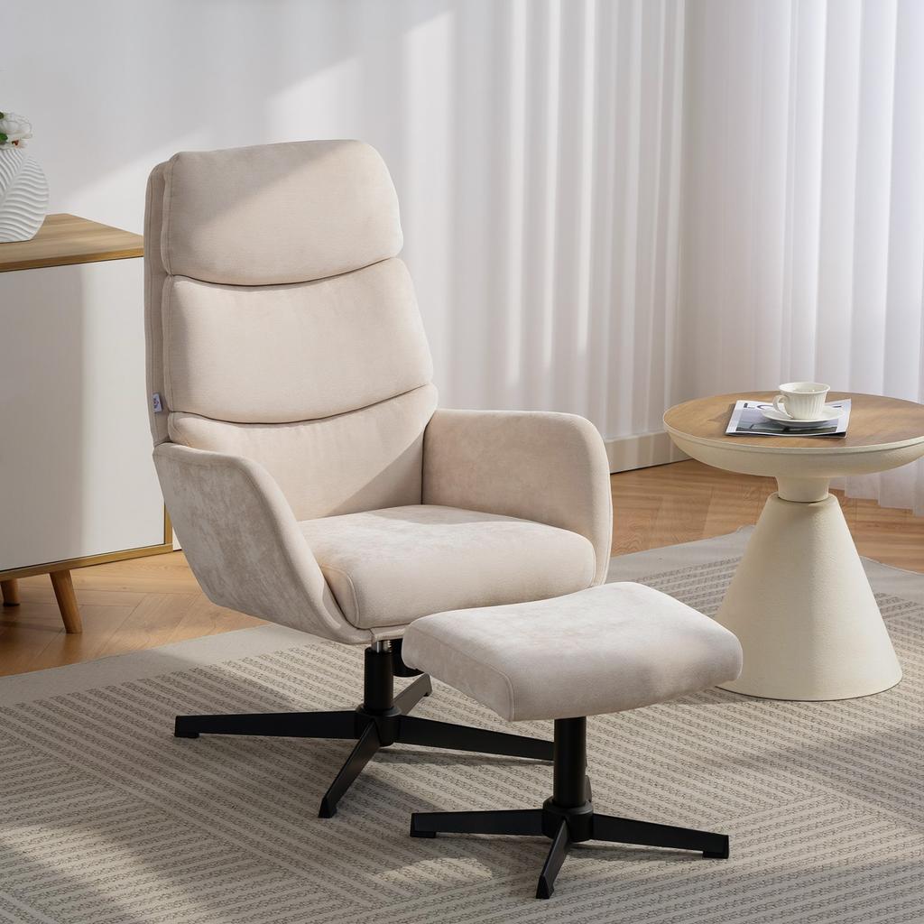 Upholstered Armchair with Footstool, Lounge Chair with High Backrest, Metal Base, for Living Room, Bedroom, Beige