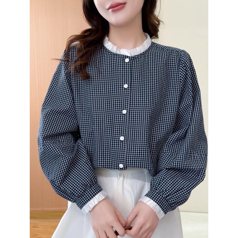 Spring 2026 Women's Artistic Lace-Trim Plaid Doll Shirt - Loose Casual Slimming Top