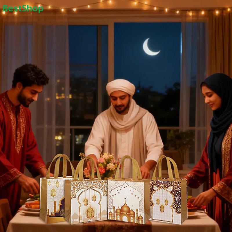 10pcs Eid al-Fitr Non-Woven Gift Bags - Islamic Mosque & Lantern Pattern Tote Bags, Festive Party Favor Bags