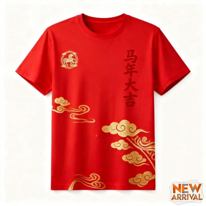 

Horse Auspicious Clouds Pattern T Shirt For Unisex Women Chinese New Year 3D Print Tee Casual Round Neck Tops Short Sleeve TShirts S