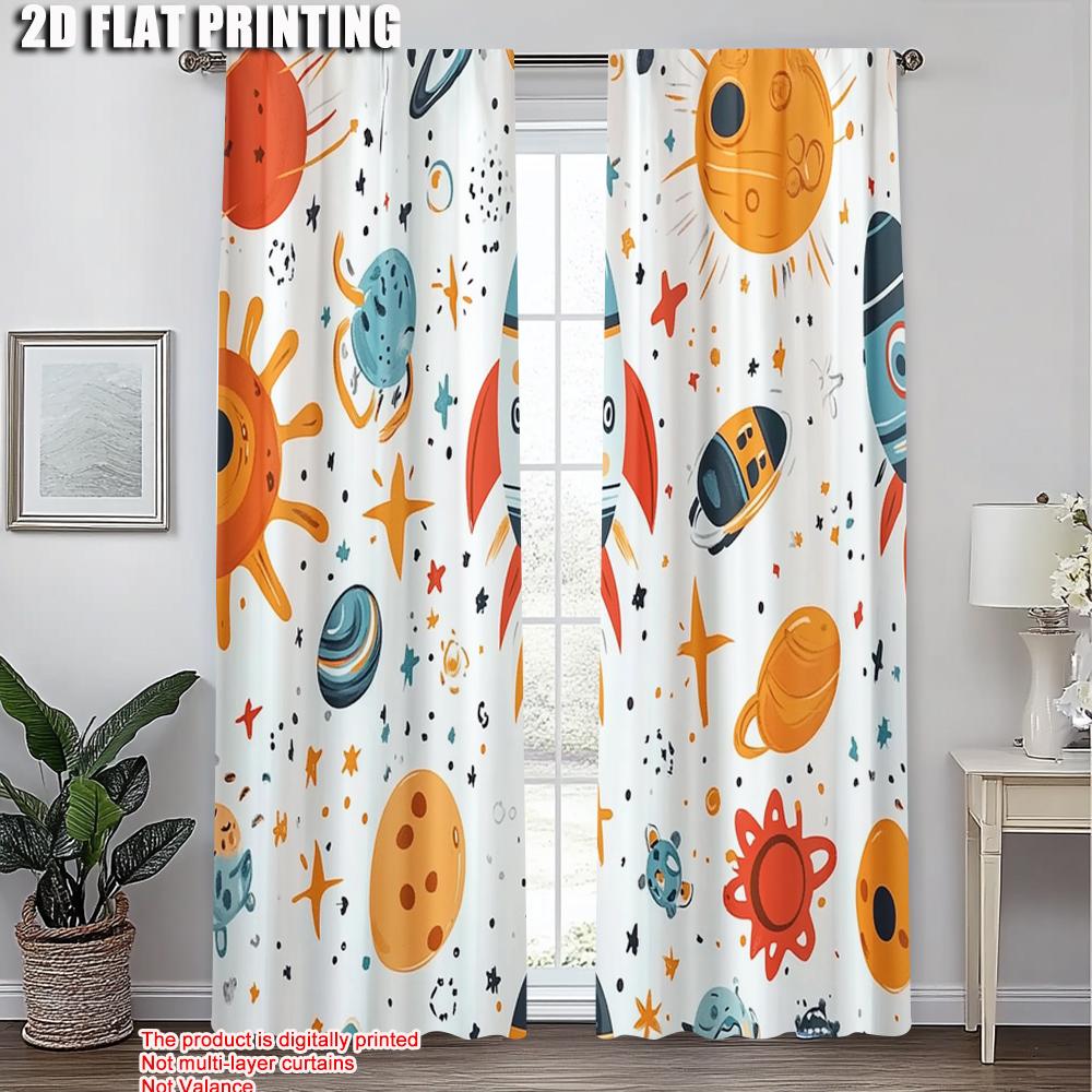 2 Stück, Vorhang Beliebter 2D-Flachdruck Cartoon Raumschiff Rakete Vielseitiger Stoff (ohne Stange) Festlich Perfekt für Wohnzimmer