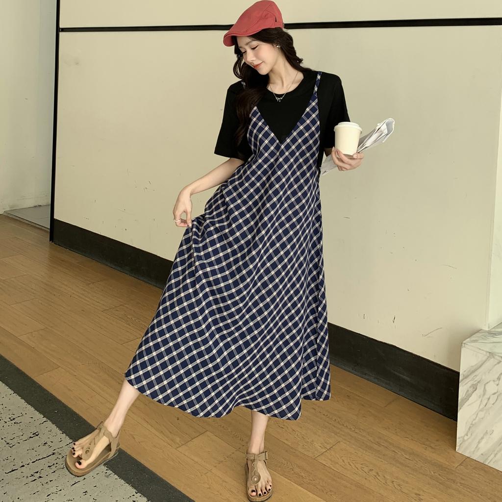 DIMANAF 2025 Summer Plus Size Dress Women Casual Vintage Plaid Dress Basic Long Elegant Loose Fake Two-Piece Dress