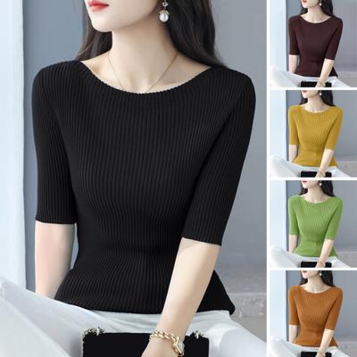 Women Tops Slim Fit Solid Color Ribbed T-Shirt Round Neck Half Sleeve Elastic Pullover Tops Daily Wear