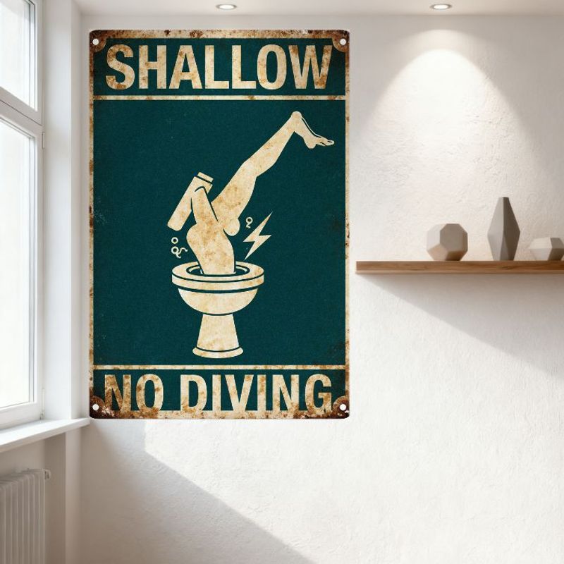 Vintage Rustic Teal Shallow No Diving Metal Tin Sign with Toilet & Lightning Bolt Illustration Retro Warning Home Wall Decor for