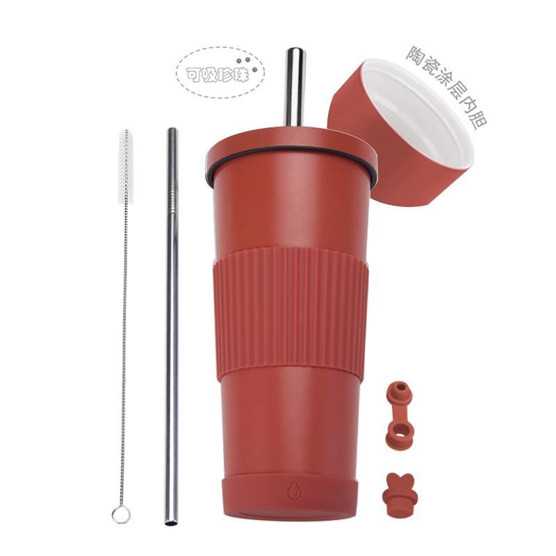 

2025710Ml Stainless Steel Straw Cup Female Ceramic Liner Milk Tea Cup Non-Slip Portable Straw Thermos Cup 710ml кирпич красный