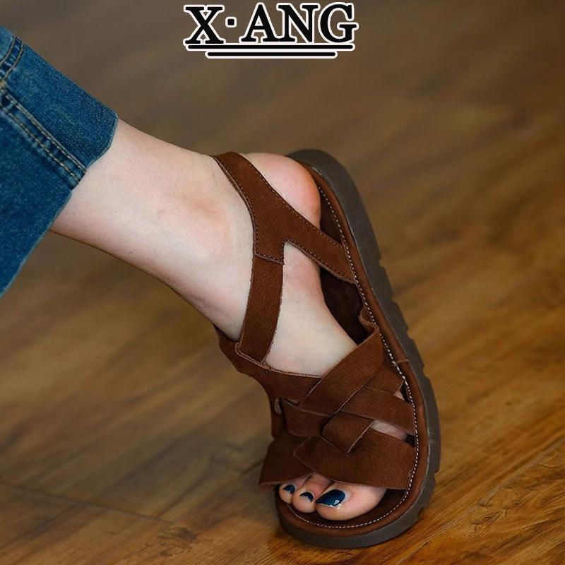 The first layer of cowhide hand-woven hollow soft-soled sandals women's new summer flat-soled retro women's shoes