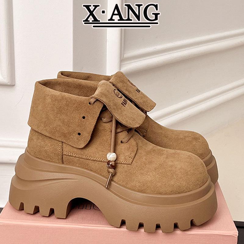 Leather Martin Boots Women's Thick-soled Heightening Small Men Wear Two Short Boots 2025 Autumn New Locomotive Tooling Boots