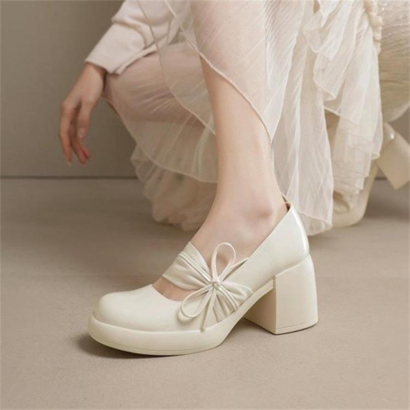 

Women s Fashionable Versatile High Heels Spring Autumn Elegant Simple Women s Shoes Bow Thick Heels Shallow Mouth Shoes 35 бежевый
