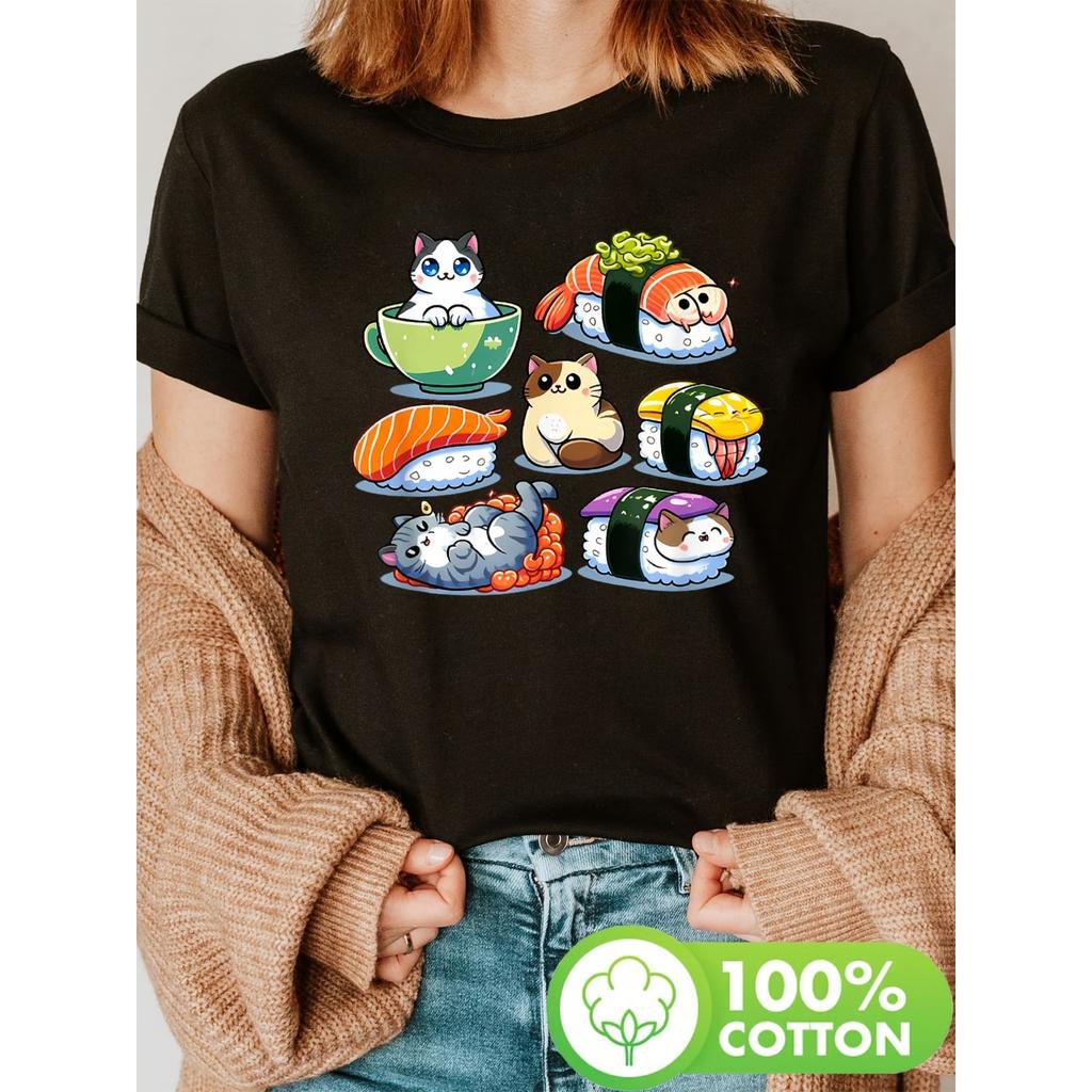 Sushi Anime Cat Print T-Shirt, Short Sleeve Crew Neck Casual Top for Summer & Spring, Women'S Clothing