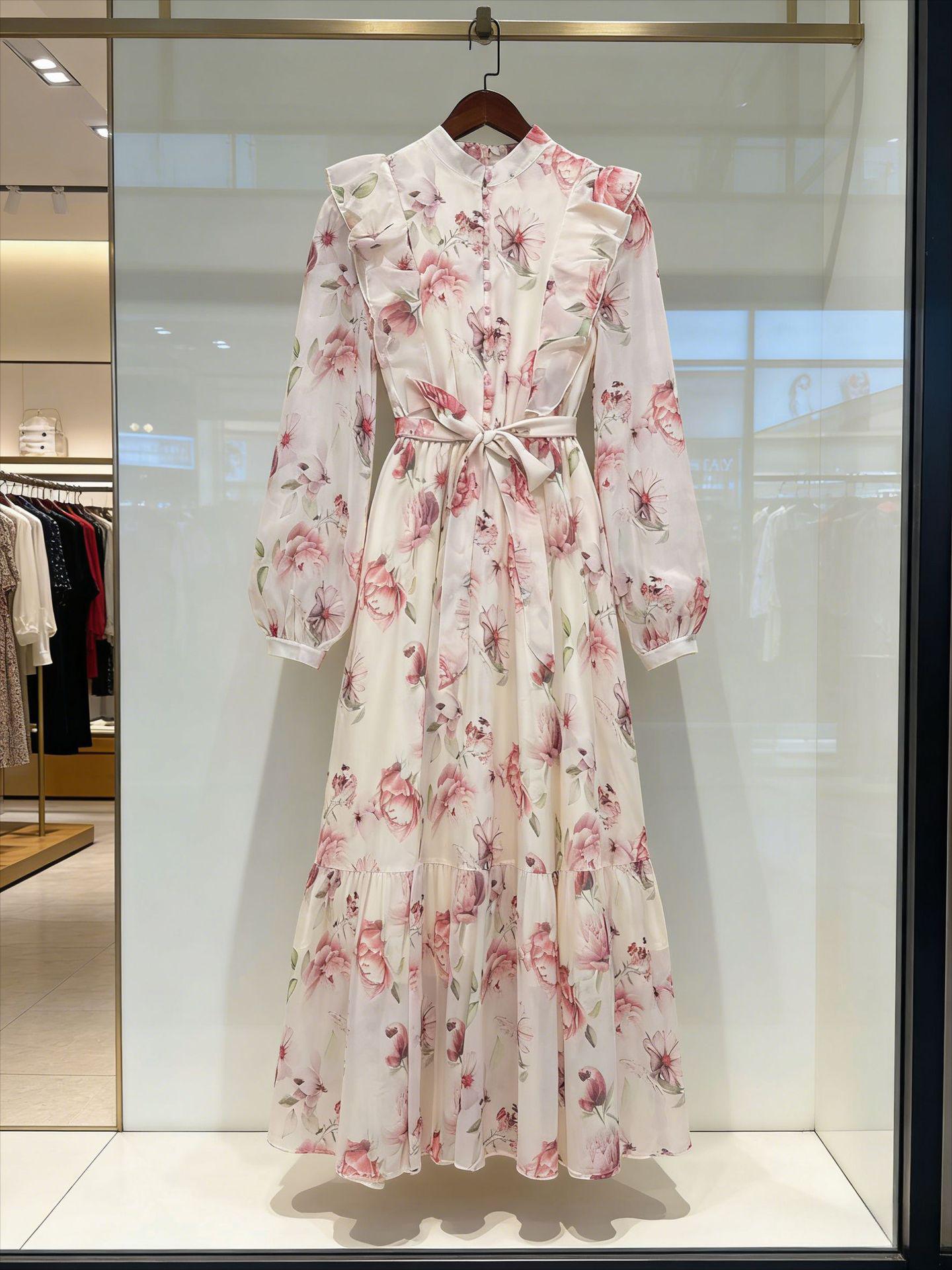 

2025 Elegant European & American Women s Slim Fit Cinched Waist Printed Long Sleeve Round Neck Long Dress M