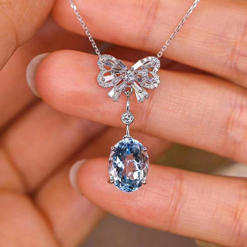 S925 Sterling Silver Blue Aquamarine Bow Necklace