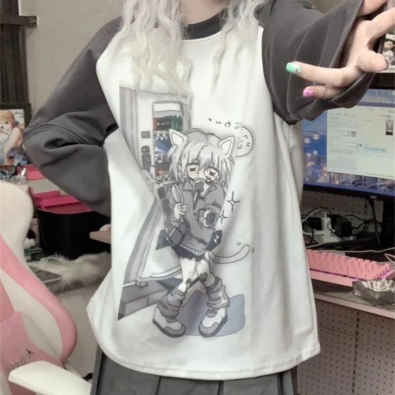 2KWEIRD Y2k Ästhetik Abnehmbarer Ärmel T-Shirt Damen Kawaii Katzenprint Grunge Oberteile Japanisches Harajuku T-Shirt Fairycore E-Girl Streetwear