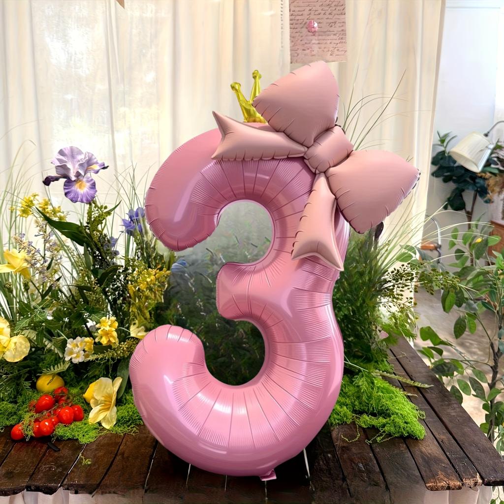 Pink Crown-Shaped Number Balloons And Pink Bow-Shaped Foil Balloons, for Decorating Birthday Parties, Anniversaries Celebrations