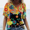 Übergröße Damen T-Shirt Kawaii Katzenaufdruck 3D T-Shirt Top Mädchen Y2k Kleidung Kurzarm T-Shirts V-Ausschnitt Lässig Urlaub Damen T-Shirt