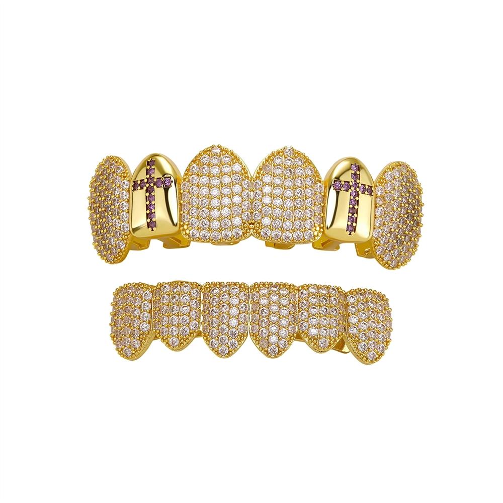 Hot Selling Cross Vampire Fangs Dental Grillz Full Paved Zircon Real Gold Plated Hip Hop Halloween Teeth Jewelry