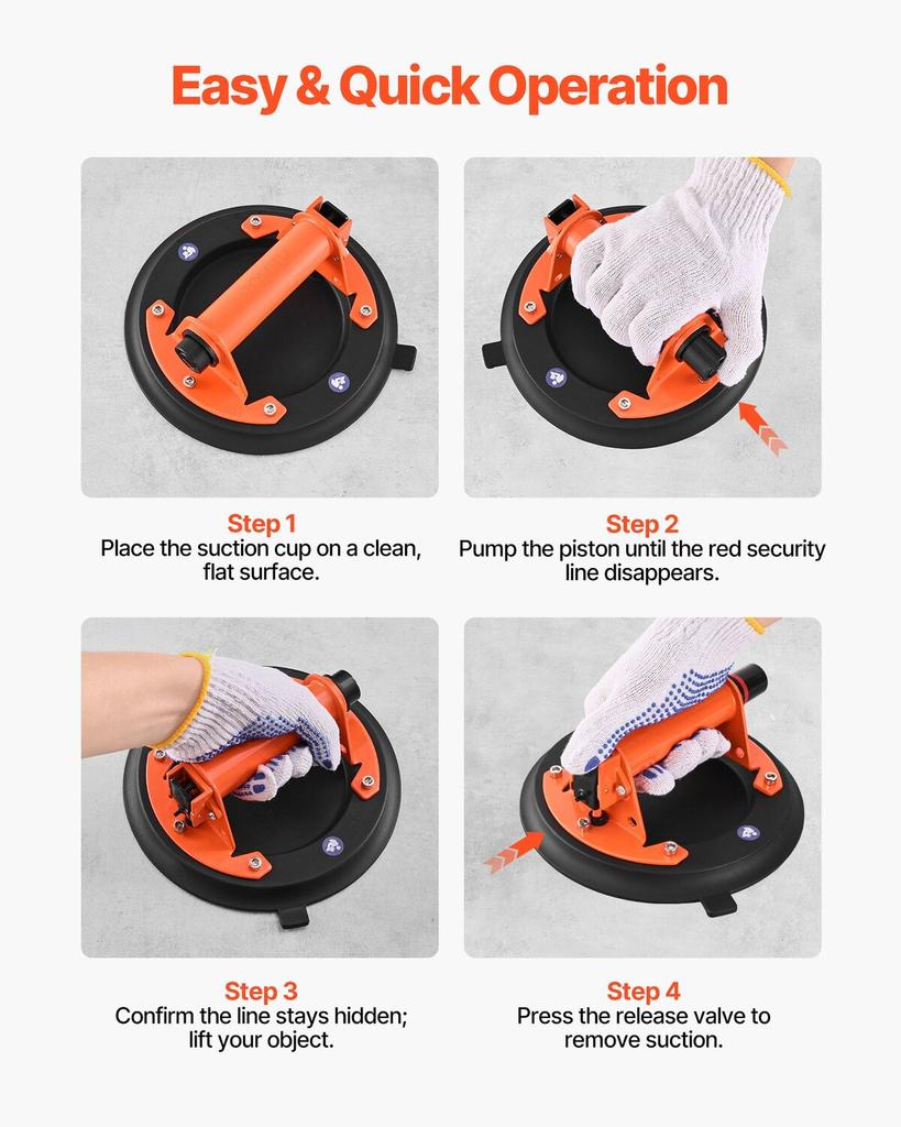 Vacuum Suction Cup, 203 mm Vacuum Glass Lifter with Metal Handle, 195 kg Max Lifting Capacity Tile Suction Cup Tool with Carrying Case for Lifting