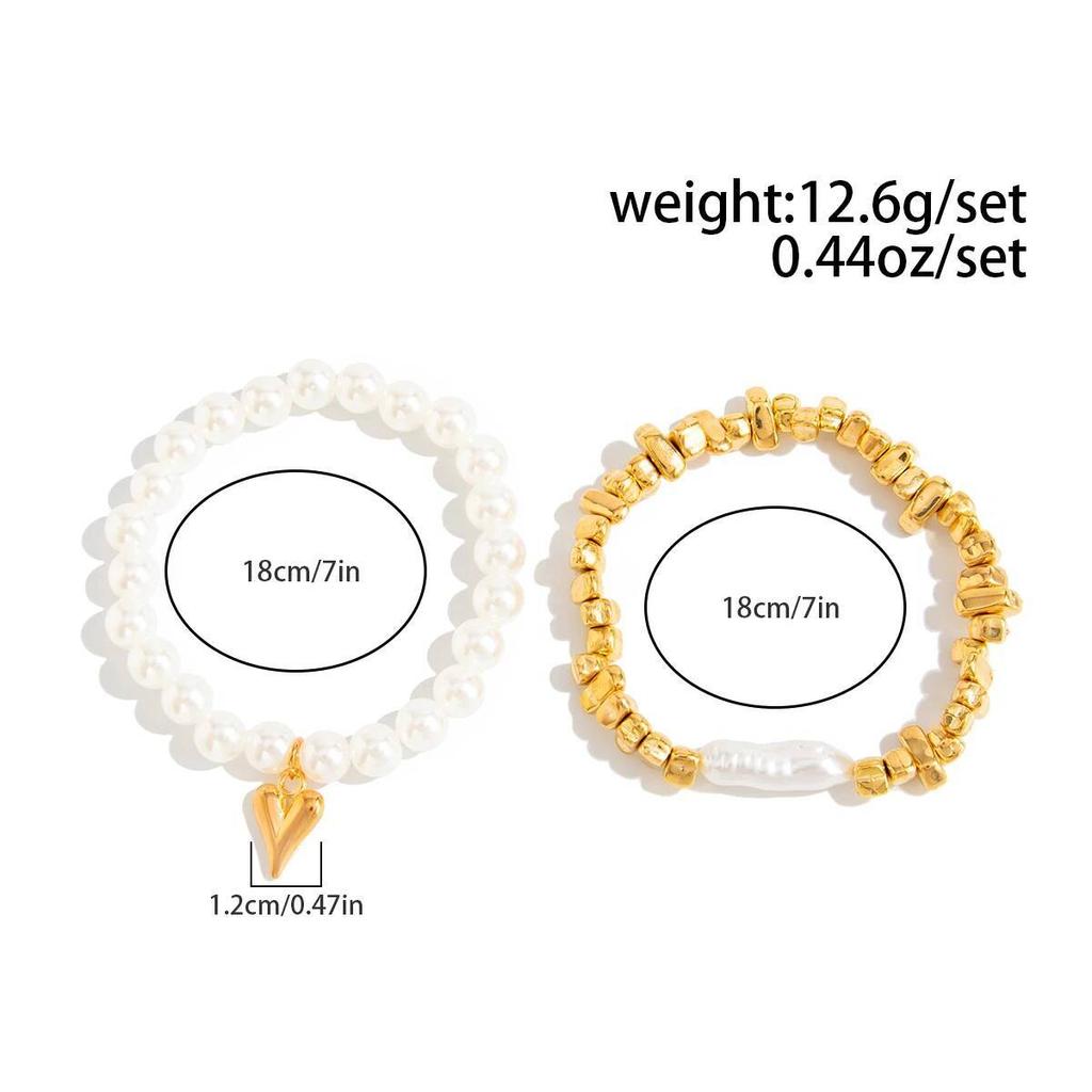 Salircon 2Pcs/Set Exquisite Imitation Pearl Chain Heart Pendant Bracelet Women Vintage Elastic Rope Chain Bangle Jewelry Gift