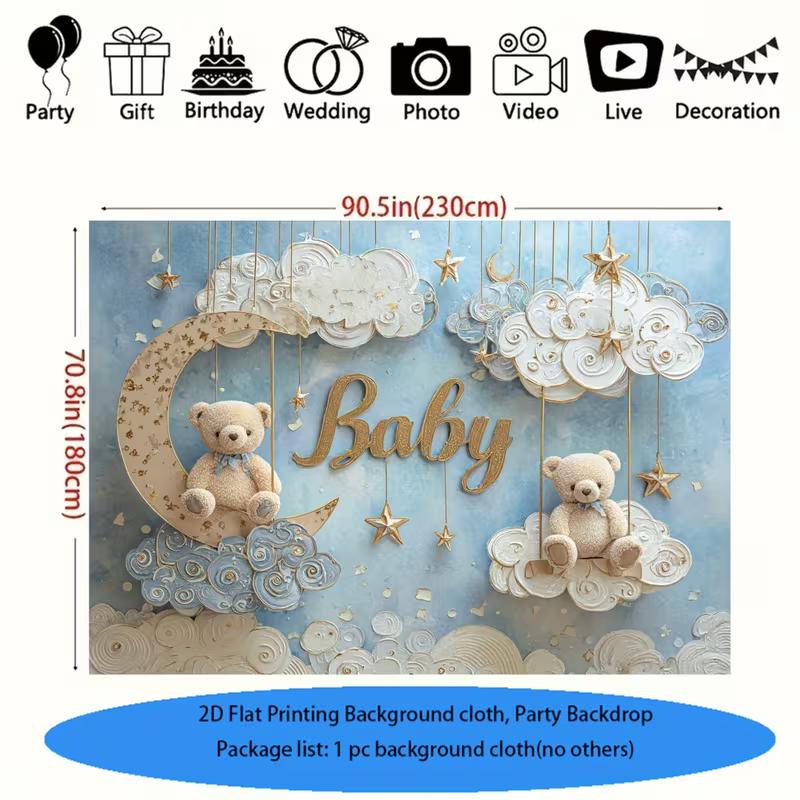 Dwuwymiarowy Neutralny Baner na Baby Shower z Misiem, Gwiazdkami i Chmurkami