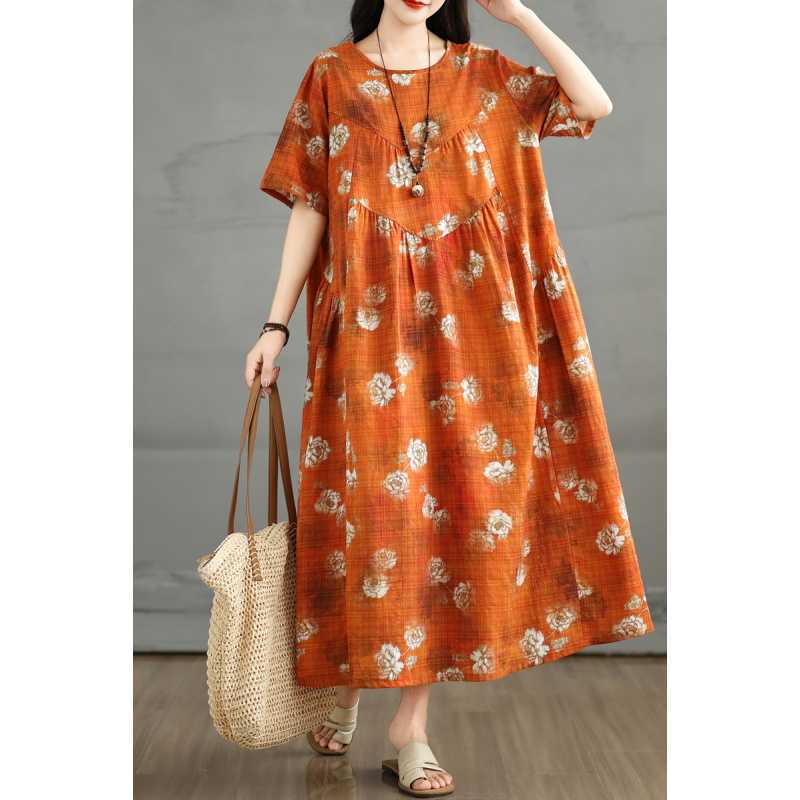 

Летнее ретро хлопково-льняное платье с круглым вырезом и короткими рукавами, женская свободная юбка с надписью XL оранжевый