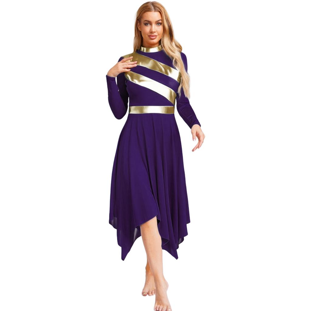 Womens Metallic Patchwork Worship Praise Dress Long Sleeve Irregular Hem Tunic Liturgical Lyrical Dance Costume