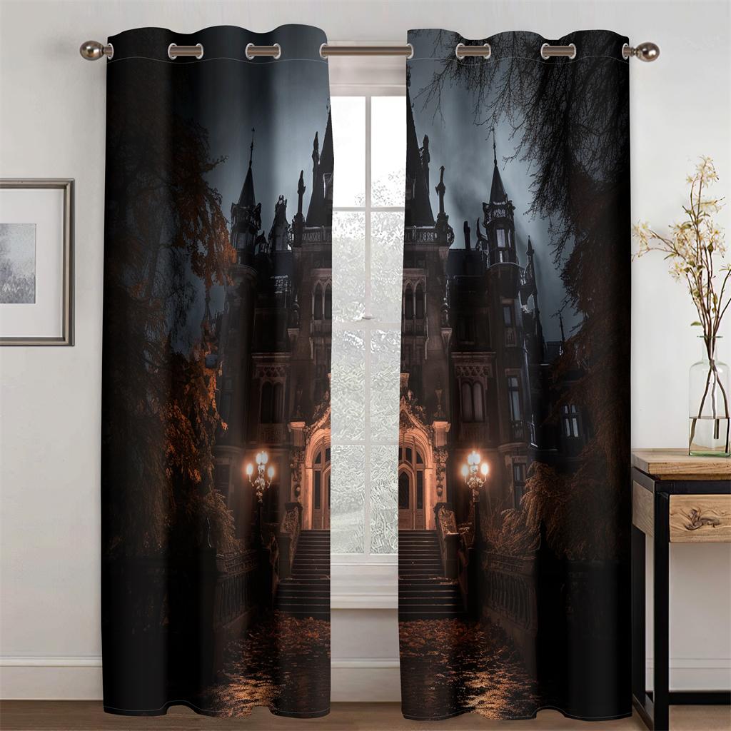 Halloween Horror Castle Curtains Gothic Architectural Style Curtains Ghost Pumpkin Living Room Bedroom Decor Curtains  2 Pcs