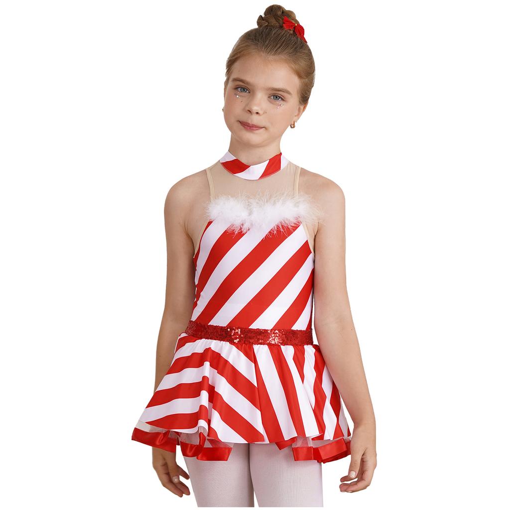 Girls Christmas Costume Sleeveless Mock Neck Keyhole Back Mesh Patchwork Stripes Print Dress