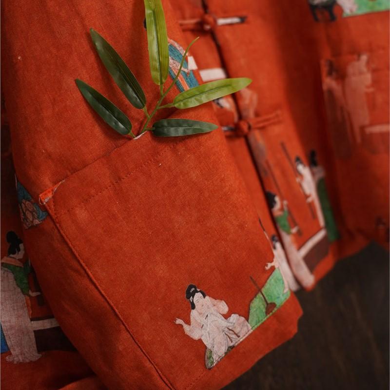 Johnature Women Vintage Stand Long Sleeve Coats Spring Chinese Style Print Floral Button Pockets Coats