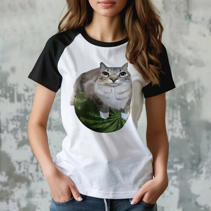Female Funny T Shirt Watermelon Cat Silly Cat Meme T-Shirt A Hilarious Watermelon Print Shirt Is A Stylish Top Women