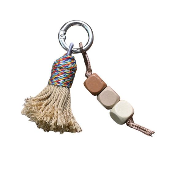 Tibetischer Regenbogen-Quasten-Anhänger Schlüsselanhänger Perlen Ethnischer Stil mit Natürlichem Holz Taschenanhänger Schuhdekoration mit