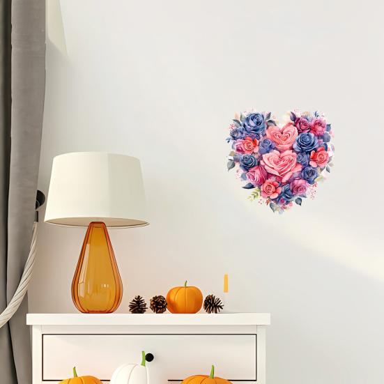 Watercolor Rose Heart Wall Stickers, Peel And Stick Pink Blue Floral Decals, Removable Waterproof PVC Flower Stickers for Bedroom Living Room