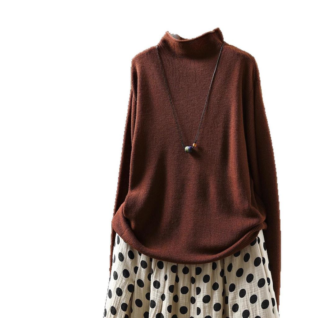 Women's Retro Color Block Striped Knit Sweater, Autumn 2025: Half High Neck, Long Sleeve Wool Pullover