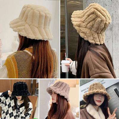 Plush Fisherman Cap Furry Panama Hat Outdoor Plush Bucket Hat  for Women