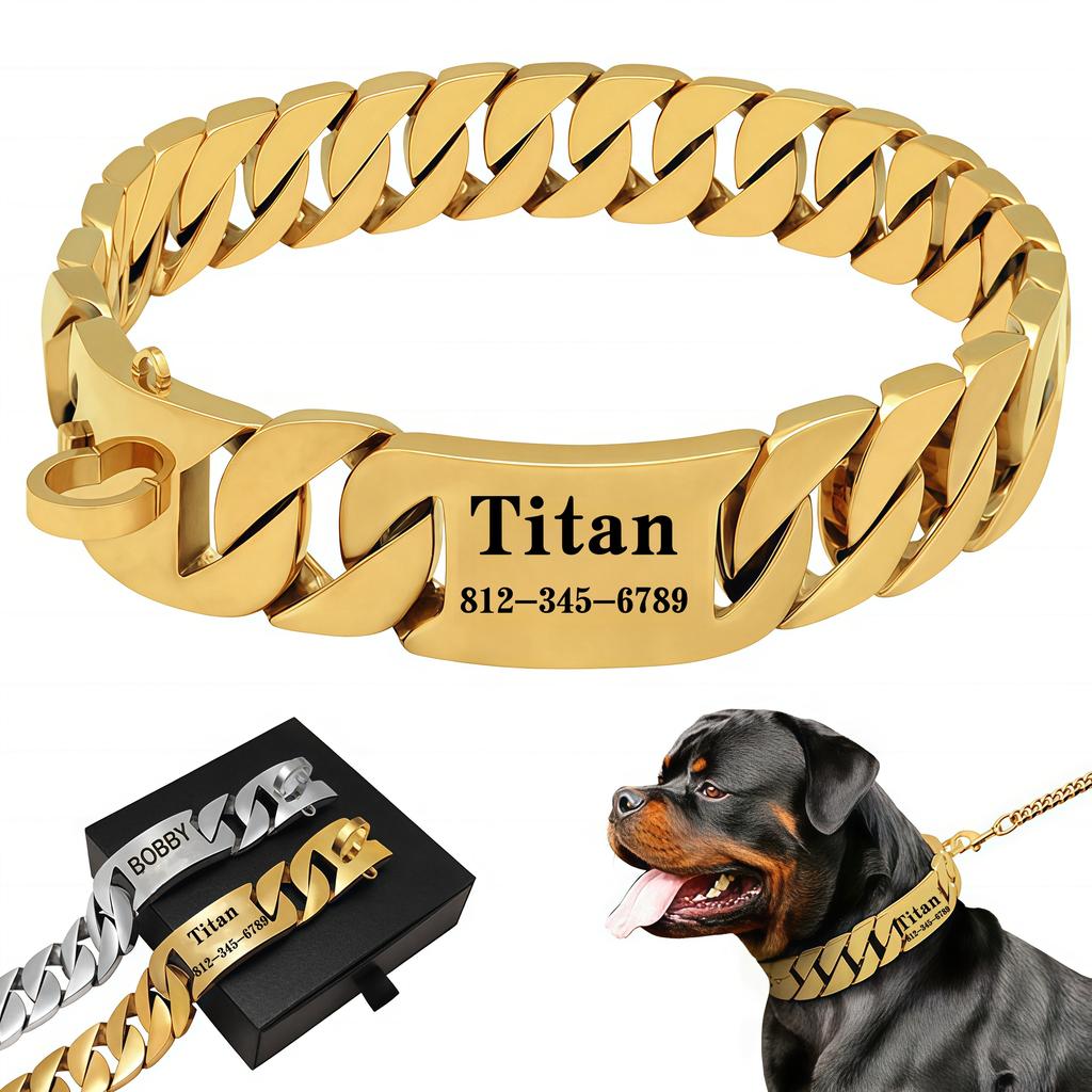 Starkes Metall Titan Massiver Stahl Halsband 32mm Edelstahl Gold Hundehalsband Beschriftung Individuelle Kette Bully Französisch Kampf Großer Hund
