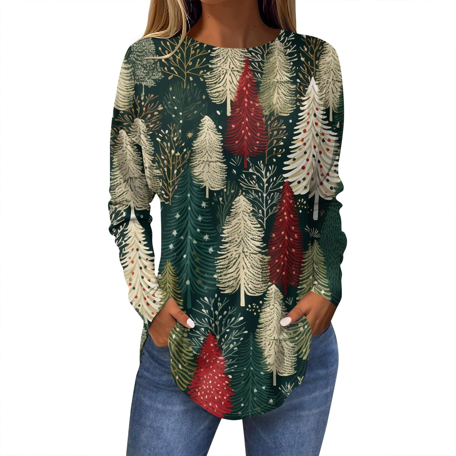 

3D Cartoon Christmas Tree Printed Round Neck Long Sleeve T-shirt Casual Long Sleeve Top XXL