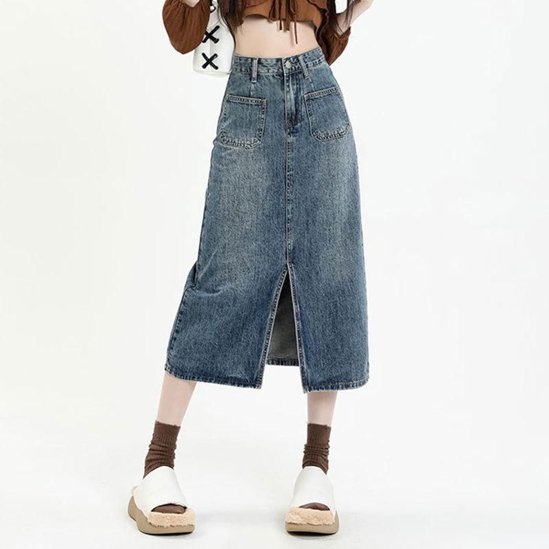 

Джинсовая миди-юбка А-силуэта с разрезом и высокой талией для фигуры типа «груша» 2XL синий