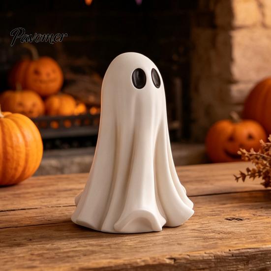 Durable Resin Autumn Display Cute White Ghost Statue, Big Eyes Figurine, Halloween Tabletop Decor, Child-Friendly Party Props Spooky Indoor