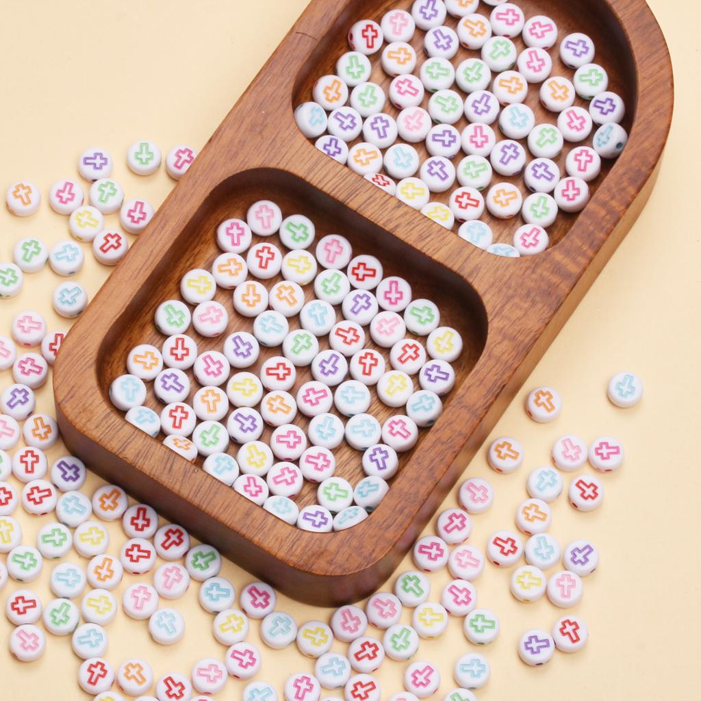80Pcs 7mm Cross Pattern Acrylic Loose Beads for Jewelry Making DIY Bracelet Necklace Handmade Keychain Earrings Phone Chain Materials Accessories
