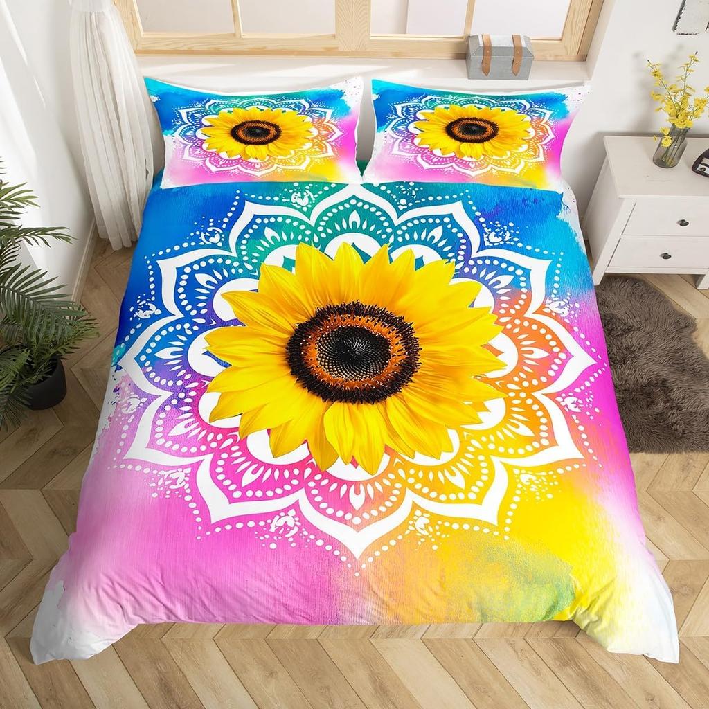 Psychedelic Floral Duvet Cover Microfiber Exotic Lotus Feather Bedding Set Bohemian Mandala Comforter Cover Twin For Girls Teen