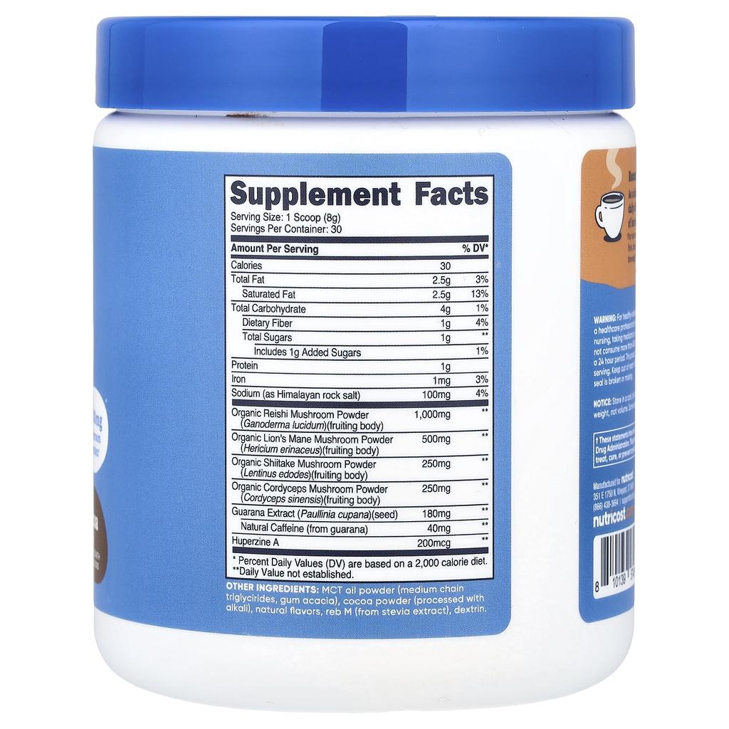 Nutricost NutriZen™ Focus, Adaptogen Mushroom Drink, Hot Cocoa, 8.8 Oz (246 G)